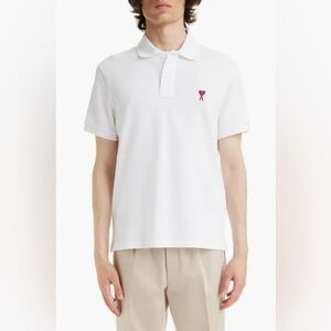NWT AMI Paris Ami de Coeur Embroidered Organic Cotton Polo Wool Gabardine White
